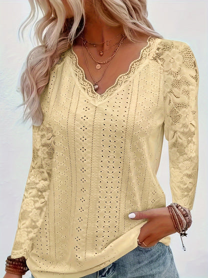 Chic Contrast Lace V-neck Eyelet T-Shirt - Fashionable Long Sleeves for Spring & Fall - A Stylish Womens Wardrobe Essential