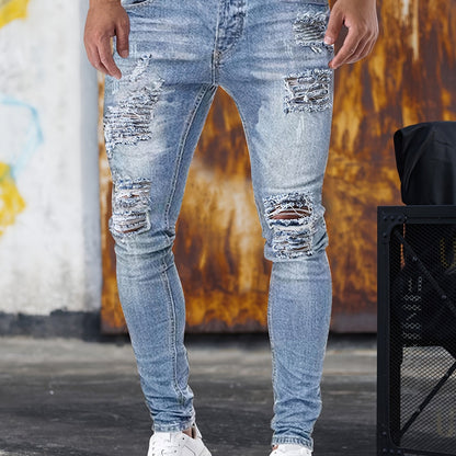 Slim Fit Ripped Jeans, Men's Casual Street Style Distressed Medium Stretch Denim Pants
