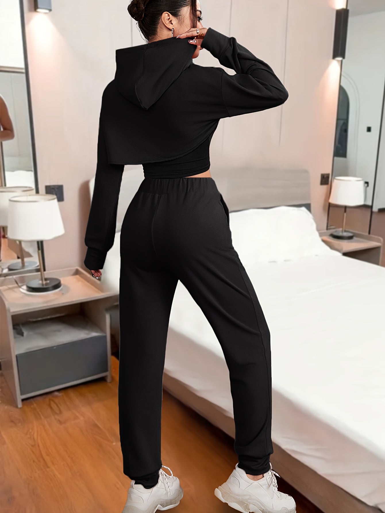 Three-Piece Bodycon Pantsuit Set - Women's Casual Drawstring Hooded Crop Top, Smile Letter Print Tank Top, and Long Length Pants Outfit with Relaxed Fit and Soft Fabric