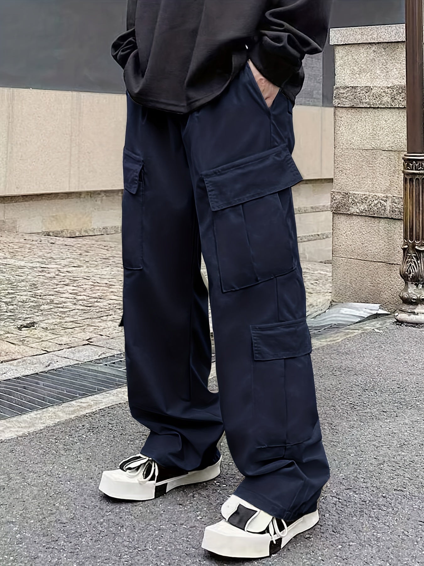 Men's Loose Casual Outdoor Cargo Pants - Multi Flap Pocket Trousers - Trendy Solid Work Pants for Streetwear Hip Hop Style