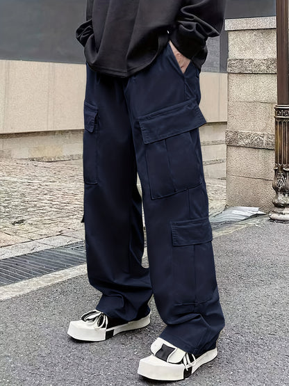 Men's Loose Casual Outdoor Cargo Pants - Multi Flap Pocket Trousers - Trendy Solid Work Pants for Streetwear Hip Hop Style