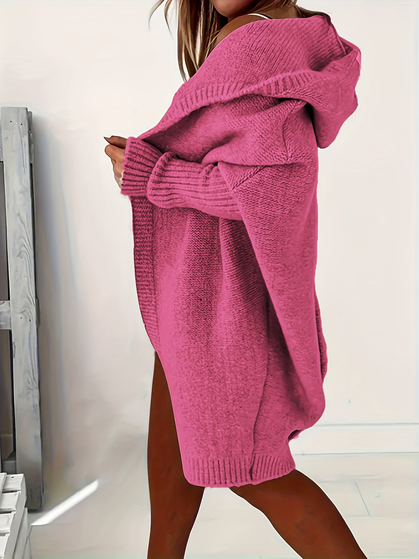 Plus Size Casual Cardigan, Women's Plus Solid Stitching Long Sleeve Hooded Open Front Slight Stretch Sweater Cardigan