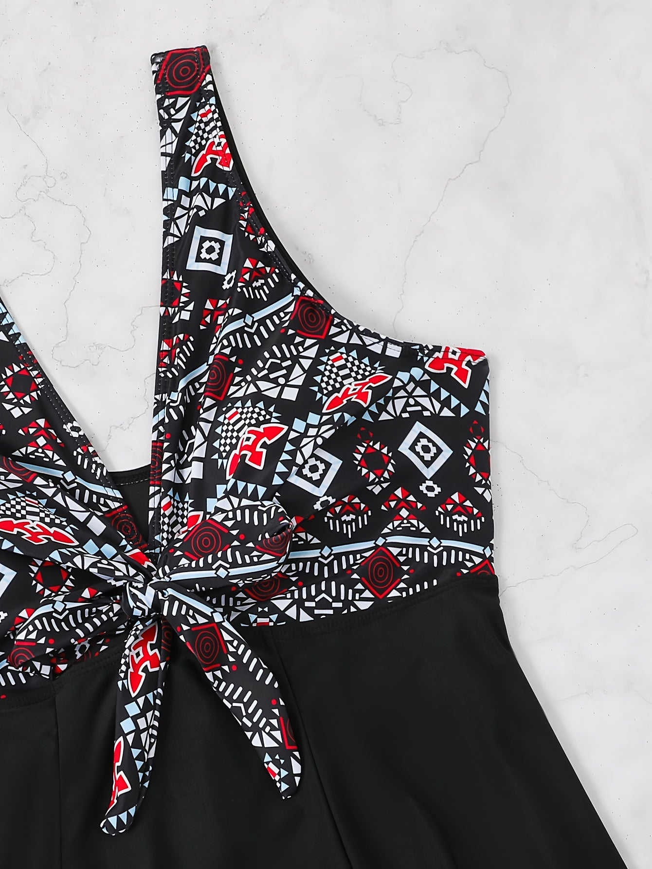 Plus Size Womens Vibrant Floral Print Tie Front V Neck One Piece Swimsuit - High Stretch, Comfortable, Vacation Essential - Polyester Knit Fabric, Random Printing, No Sheer