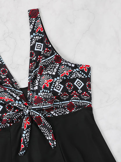 Plus Size Womens Vibrant Floral Print Tie Front V Neck One Piece Swimsuit - High Stretch, Comfortable, Vacation Essential - Polyester Knit Fabric, Random Printing, No Sheer