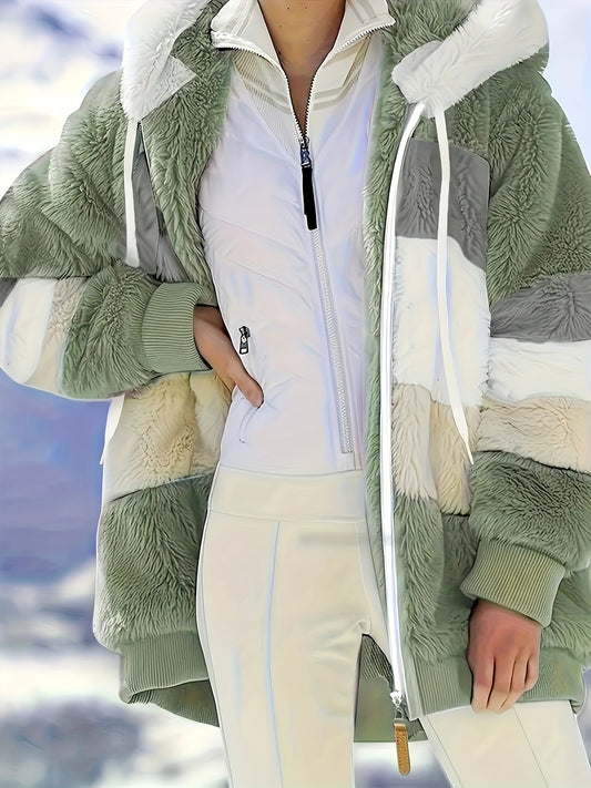 Ultra-Soft Color Block Fuzzy Hooded Coat - Stylish Winter Warm Outerwear with Full-Length Sleeves - Perfect for Casual Wear - Womens Clothing
