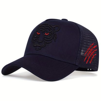 Tiger Embroidery Unisex Baseball Cap Solid Color Mesh Breathable Trucker Hat Adjustable Sports Sun Hats For Women & Men