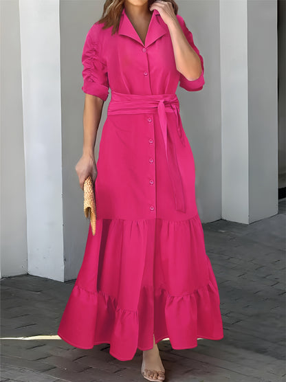 Stunning Ruffled Maxi Dress - Solid Button Front, Belted Waist, Elegant Ruched Sleeve, Flowy Design, Women's Clothing for Special Occasions
