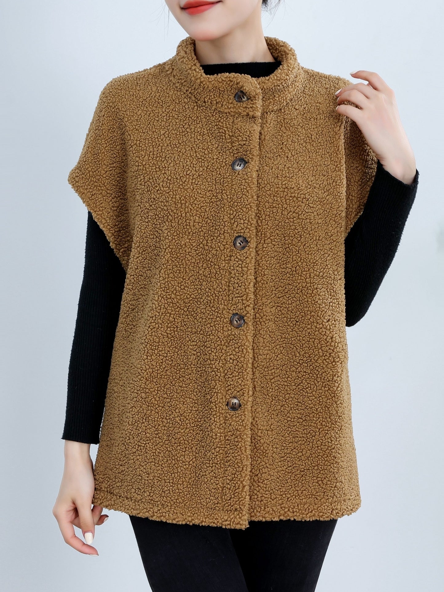 Womens Chic Button Front Teddy Vest - Lightweight Fleece, Short Sleeve, Solid Colors - Perfect for Layering, Stylish & Versatile Wardrobe Staple