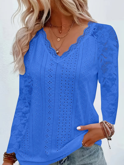 Chic Contrast Lace V-neck Eyelet T-Shirt - Fashionable Long Sleeves for Spring & Fall - A Stylish Womens Wardrobe Essential