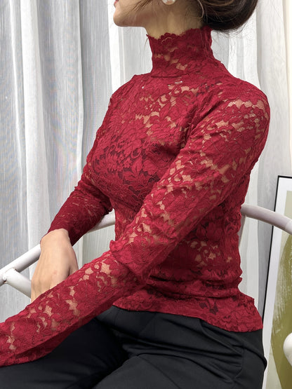 Sexy Lace Mock Neck Long Sleeve Slim Fit Top - Flattering, Breathable, and Comfortable for Spring and Fall - Women's Stylish Clothing for Everyday Wear