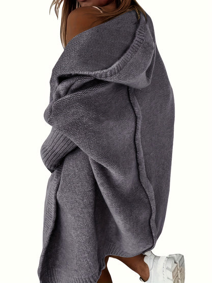 Plus Size Casual Cardigan, Women's Plus Solid Stitching Long Sleeve Hooded Open Front Slight Stretch Sweater Cardigan