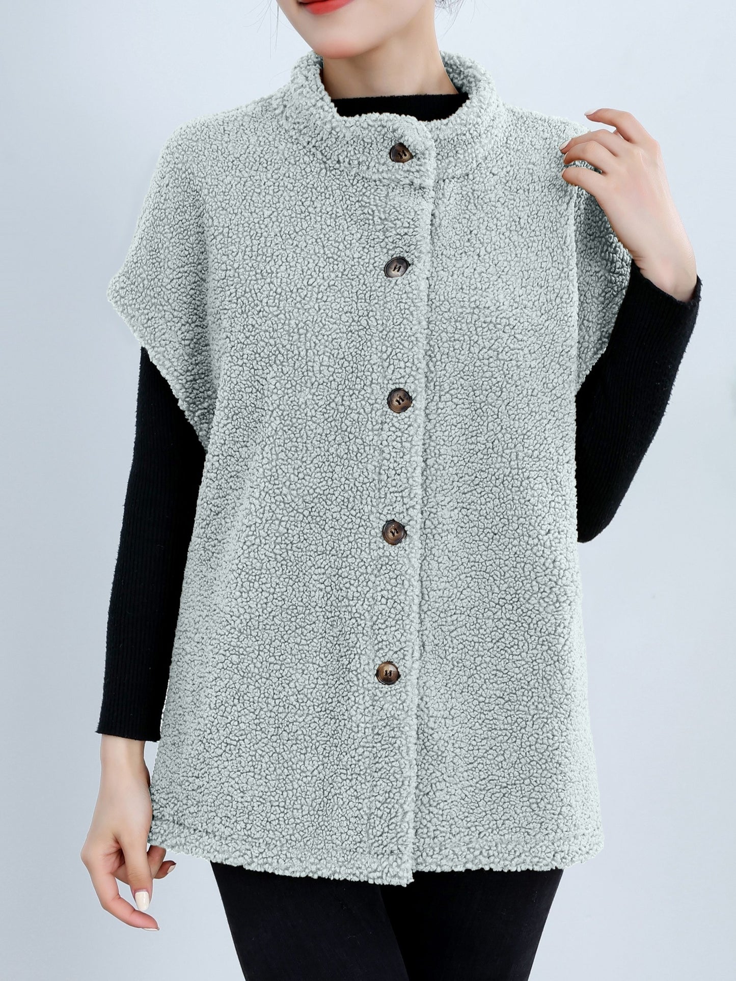 Womens Chic Button Front Teddy Vest - Lightweight Fleece, Short Sleeve, Solid Colors - Perfect for Layering, Stylish & Versatile Wardrobe Staple