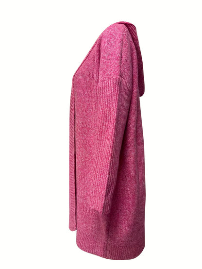 Plus Size Casual Cardigan, Women's Plus Solid Stitching Long Sleeve Hooded Open Front Slight Stretch Sweater Cardigan