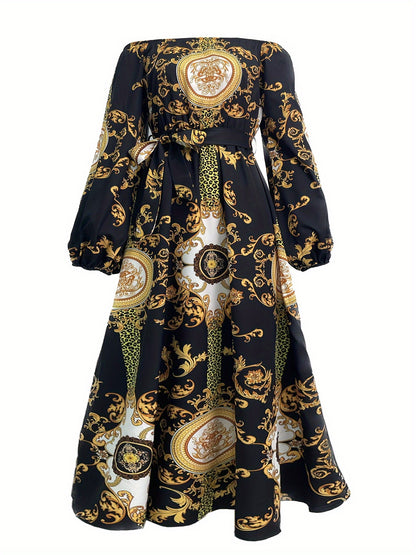 Vintage Off Shoulder Tribal Print Belted Women's Swing Aline Dress with Ruffle Hem Lantern Sleeve