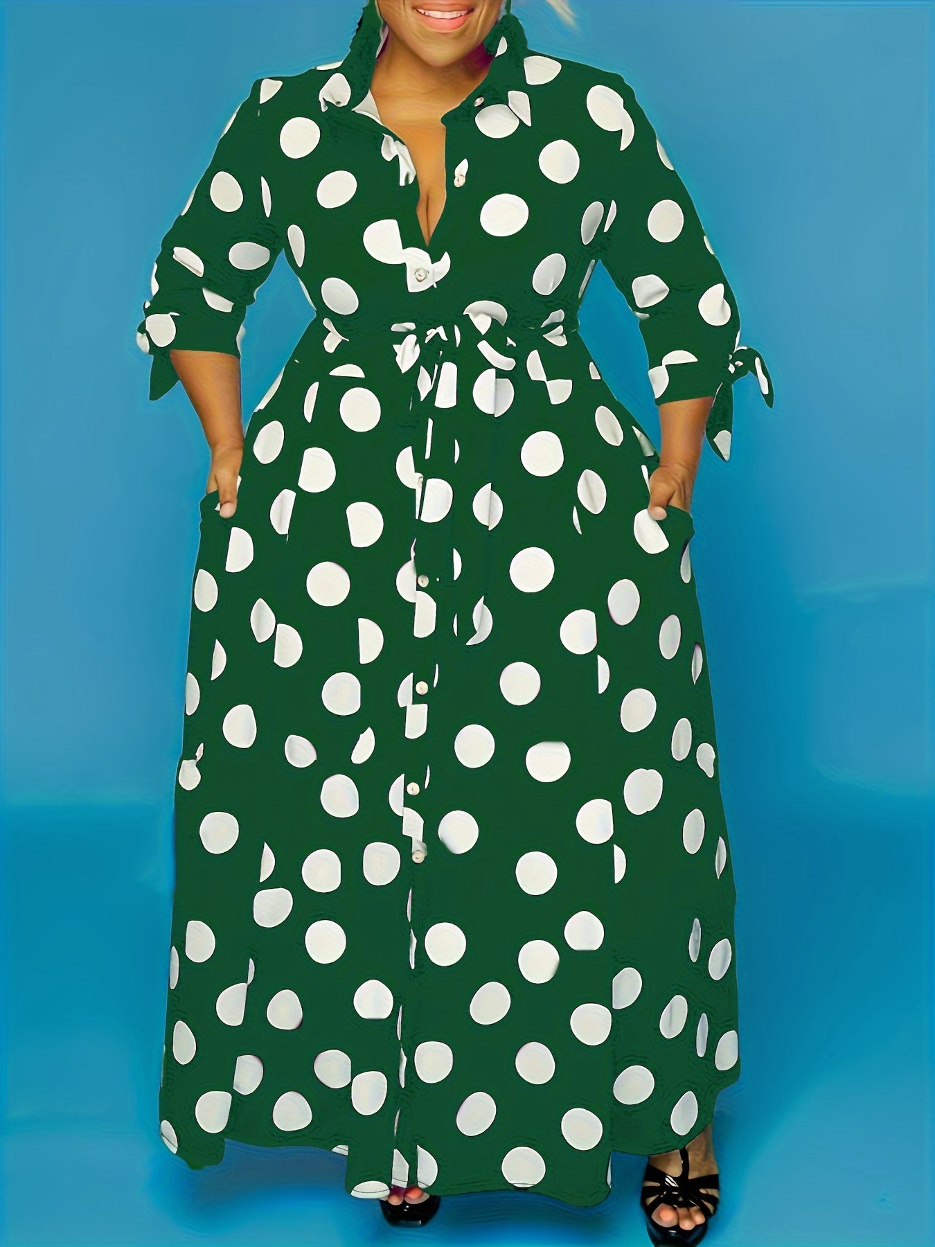 Elegant Plus Size Polka Dots Print Maxi Dress - Women's Button Up Collared Belted