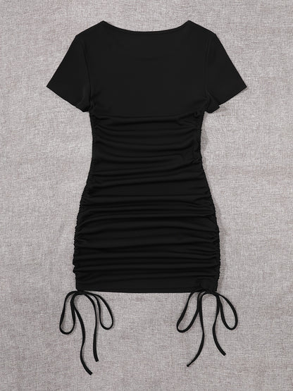 Womens Ruched Skinny Dress - Adjustable Drawstring Waist, Solid Color, Short Sleeve, Crew Neck, Chic and Versatile Casual Wear for Women