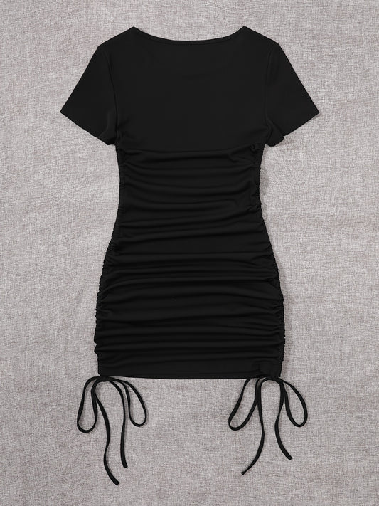 Womens Ruched Skinny Dress - Adjustable Drawstring Waist, Solid Color, Short Sleeve, Crew Neck, Chic and Versatile Casual Wear for Women