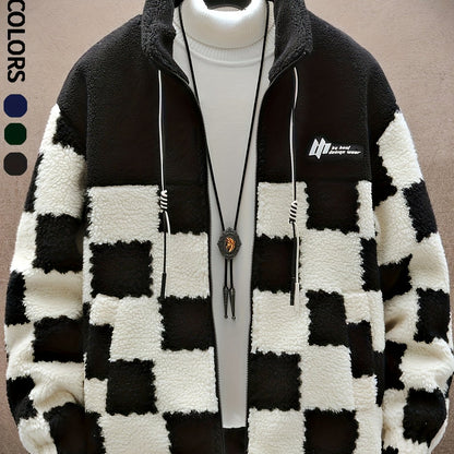Men'S Plush Checkered Winter Coat - Blue & White, Loose Fit, Stand Collar, Zip-Up Jacket with Drawstring Hood, Casual Style for Fall/Winter, Winter Coat