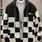 Men'S Plush Checkered Winter Coat - Blue & White, Loose Fit, Stand Collar, Zip-Up Jacket with Drawstring Hood, Casual Style for Fall/Winter, Winter Coat