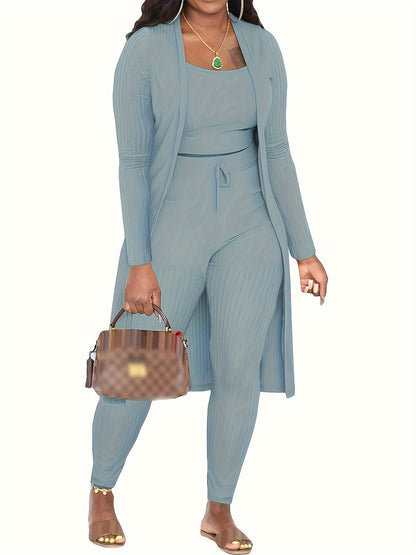 Casual Ribbed 3pcs Set, Crop Tank Top + High Waist Drawstring Pants + Longline Cardigan Outfits, Women's Clothing