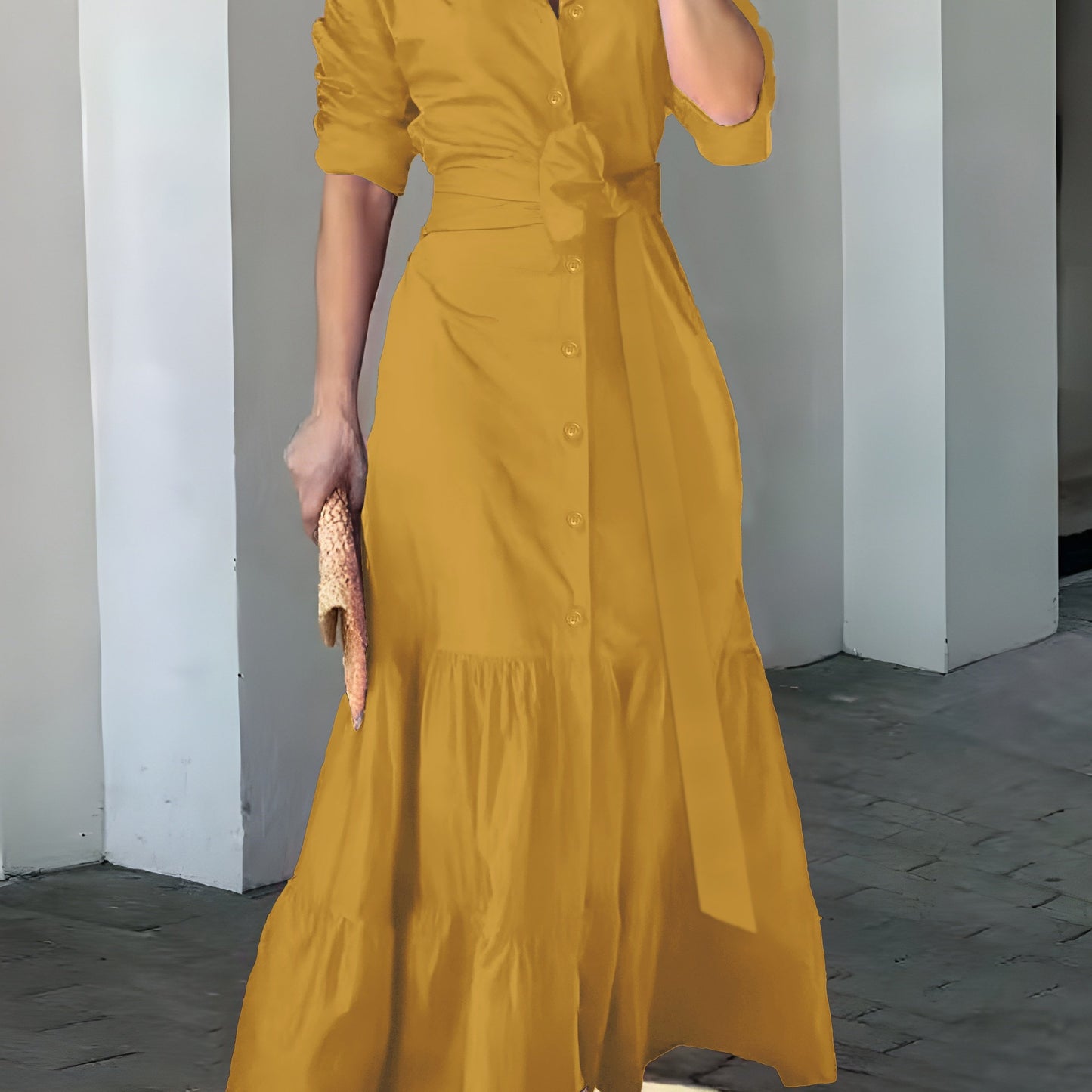 Stunning Ruffled Maxi Dress - Solid Button Front, Belted Waist, Elegant Ruched Sleeve, Flowy Design, Women's Clothing for Special Occasions