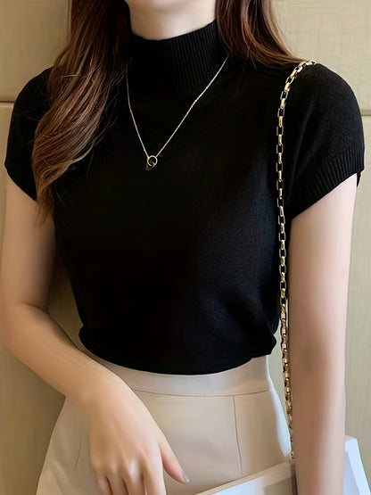 Womens Chic Solid Mock Neck Short Sleeve Knit Sweater - Soft & Breathable - Casual Everyday Style