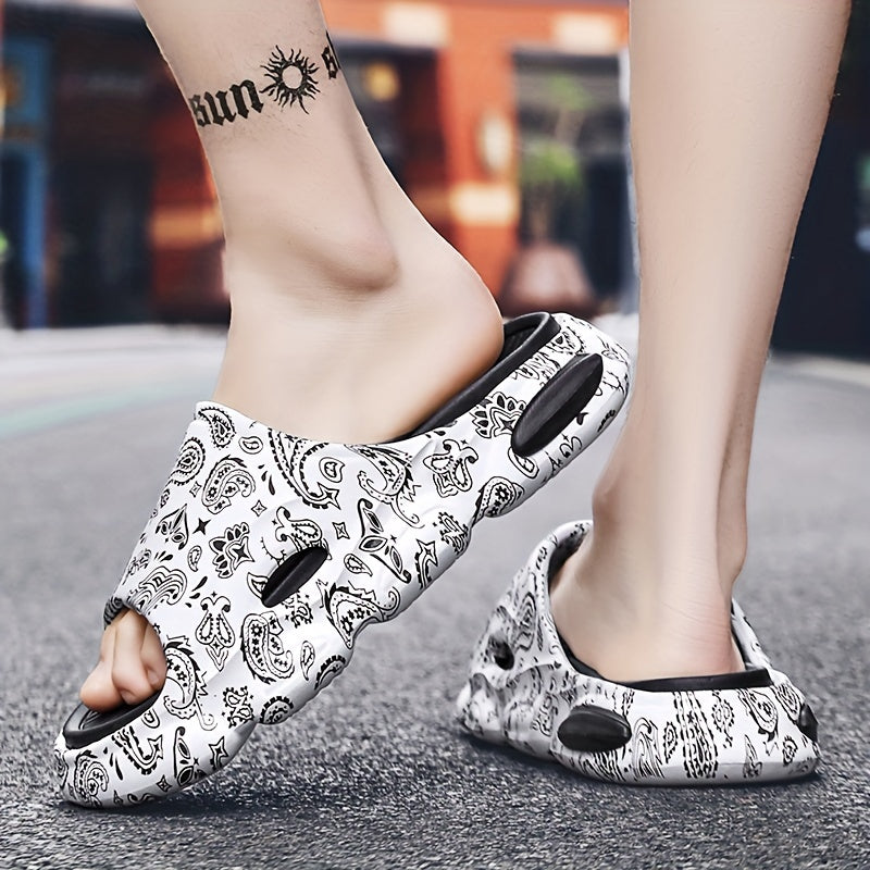 Cloud Slides Teardrop Motif Print Pillow Slippers - Non-Slip, Open-Toe, Breathable, Soft EVA Insoles, Slip-On Design, Perfect for Indoor, Outdoor, Beach, and Shower Use in Spring and Summer