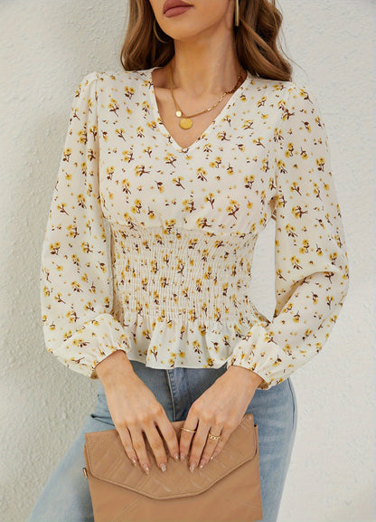 Ditsy Floral Print Shirred Blouse, Elegant Long Sleeve V Neck Blouse, Women's Clothing