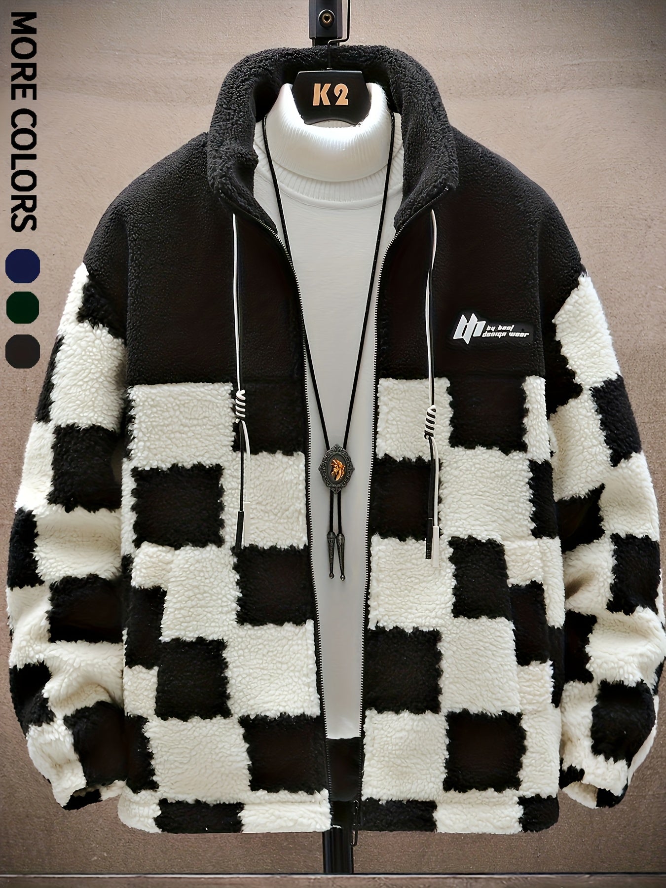 Men'S Plush Checkered Winter Coat - Blue & White, Loose Fit, Stand Collar, Zip-Up Jacket with Drawstring Hood, Casual Style for Fall/Winter, Winter Coat