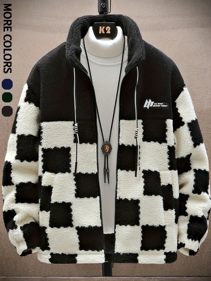 Men'S Plush Checkered Winter Coat - Blue & White, Loose Fit, Stand Collar, Zip-Up Jacket with Drawstring Hood, Casual Style for Fall/Winter, Winter Coat