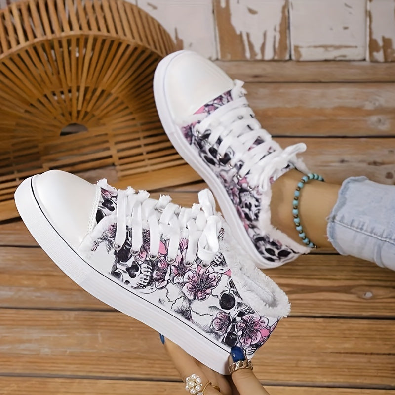 Women's Skull & Flower Pattern Canvas Shoes, Casual Lace Up Outdoor Shoes, Lightweight Low Top Sneakers