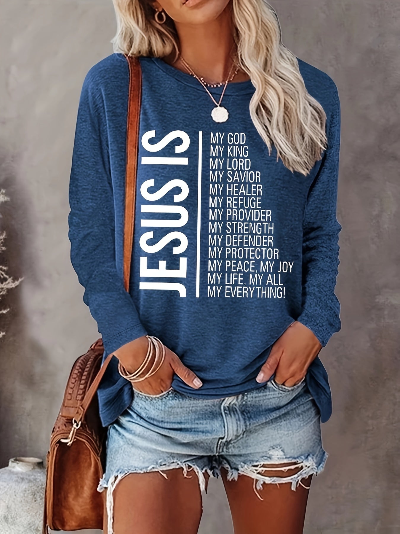 Jesus Print Crew Neck T-shirt, Casual Long Sleeve Top For Spring & Fall, Women's Clothing