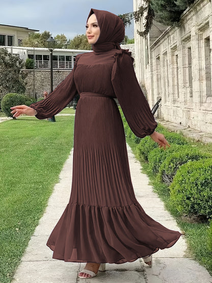 Ramadan Elegant Long Length Kaftan Dress - Polyester Solid Color Belted Maxi Dress with Ruffle Trim, Machine Washable, Casual Wear for All Seasons