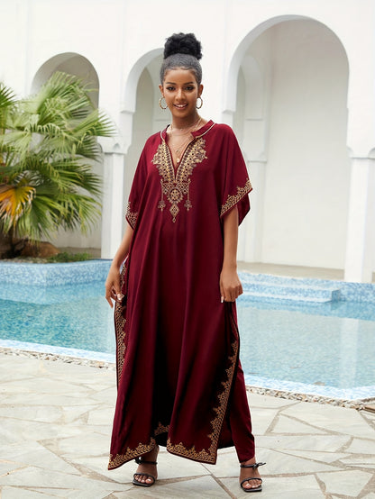 Bohemian Golden Embroidered Plus Size Maxi Dress with Bat Sleeves for Ramadan