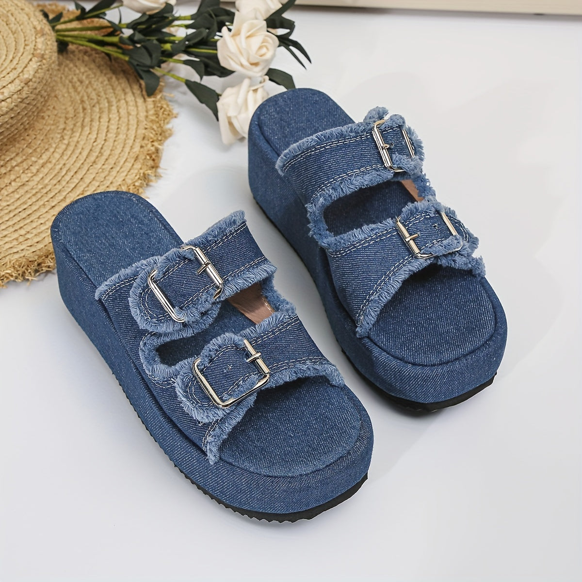 Stylish Womens Denim Platform Sandals - Square Open Toe, Buckle Strap, Slip-on, EVA Sole, Comfortable Strappy Back Slide Shoes for Summer Outdoor Activities