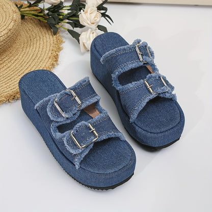 Stylish Womens Denim Platform Sandals - Square Open Toe, Buckle Strap, Slip-on, EVA Sole, Comfortable Strappy Back Slide Shoes for Summer Outdoor Activities