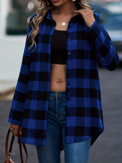 Plaid Print Classic Shirt, Casual Button-Front, Long Sleeve, Women's