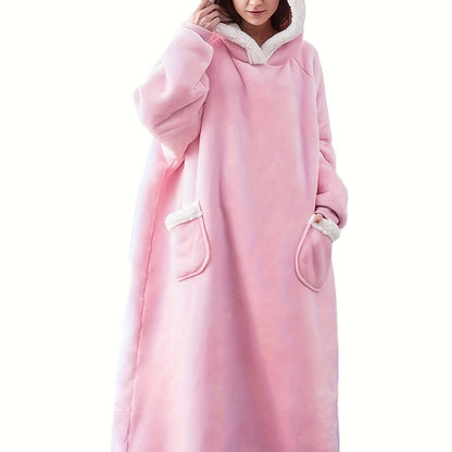 Cozy Plus-Size Hooded Fleece Robe - Winter Casual Comfort with Pockets & Stretch Fabric, Machine Washable