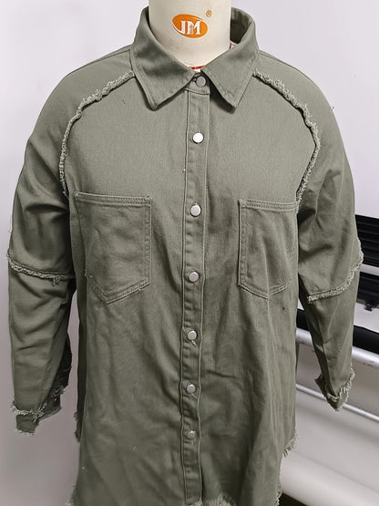Women's Plus Size Denim Shacket with Raw Hem and Lapel Collar - Casual Button Up Long Sleeve Top for Oversized Comfort and Style