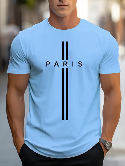 Paris Print, Men's Graphic Design Crew Neck T-shirt, Casual Comfy Tees Tshirts For Summer, Men's Clothing Tops For Daily Vacation Resorts