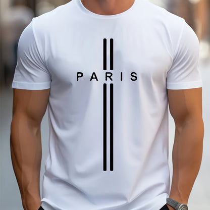 Paris Print, Men's Graphic Design Crew Neck T-shirt, Casual Comfy Tees Tshirts For Summer, Men's Clothing Tops For Daily Vacation Resorts