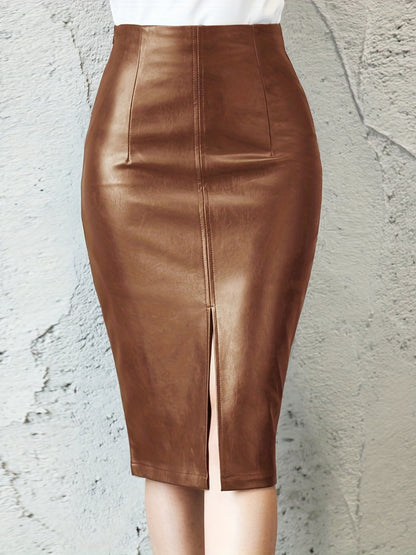 Sexy Leather Slim Slit Skirts, Casual PU Fashion Bodycon Skirts, Women's Clothing