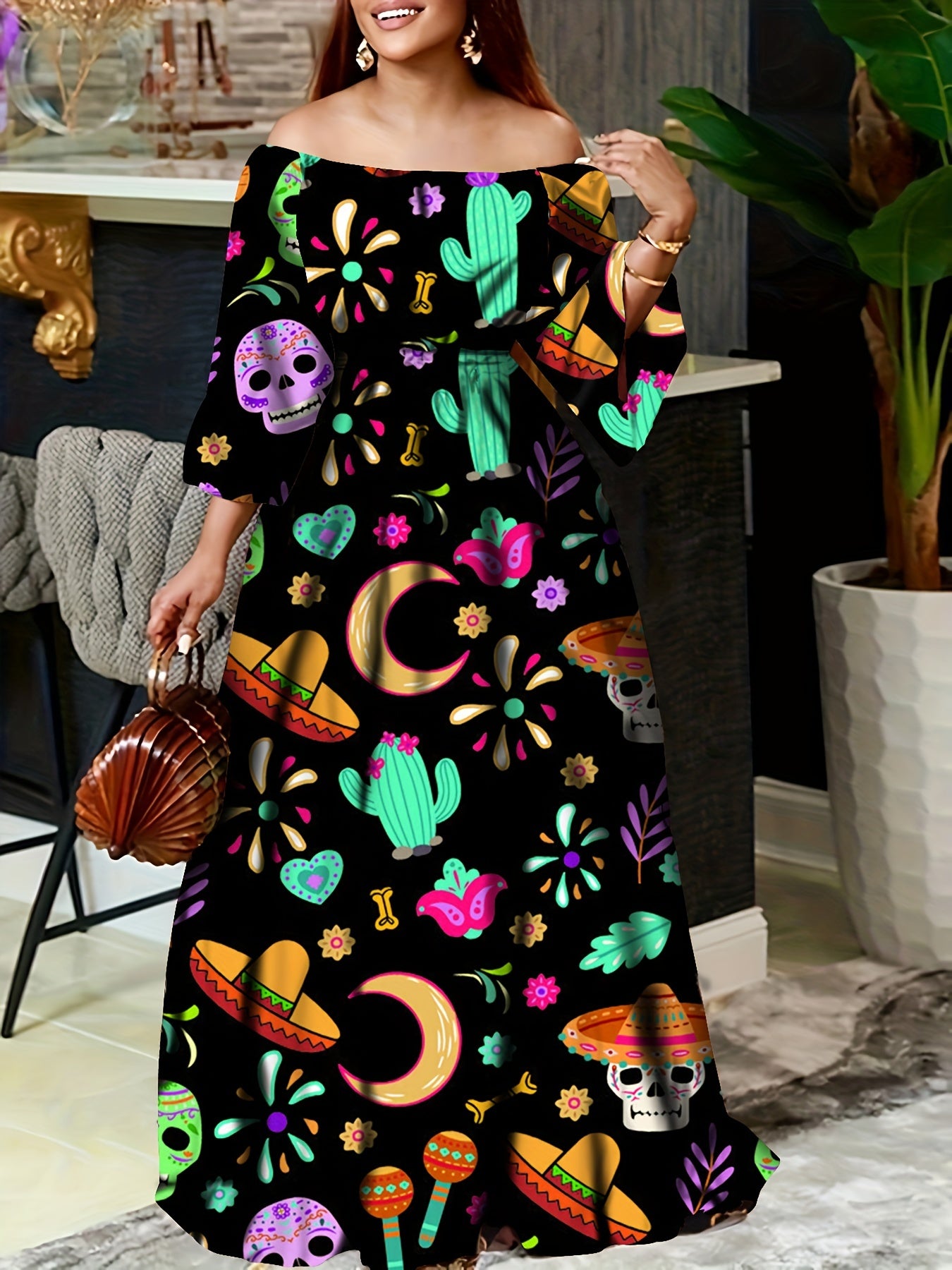 Vintage Off Shoulder Tribal Print Belted Women's Swing Aline Dress with Ruffle Hem Lantern Sleeve