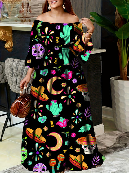 Vintage Off Shoulder Tribal Print Belted Women's Swing Aline Dress with Ruffle Hem Lantern Sleeve