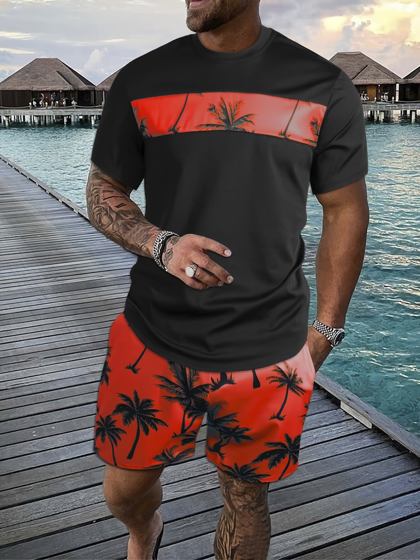 2Pcs Men's Tropical Coconut Tree Print Casual Outfits - Crew Neck Short Sleeve T-shirt & Drawstring Shorts Set - For Summer Vacation & Resorts - Men's Clothing