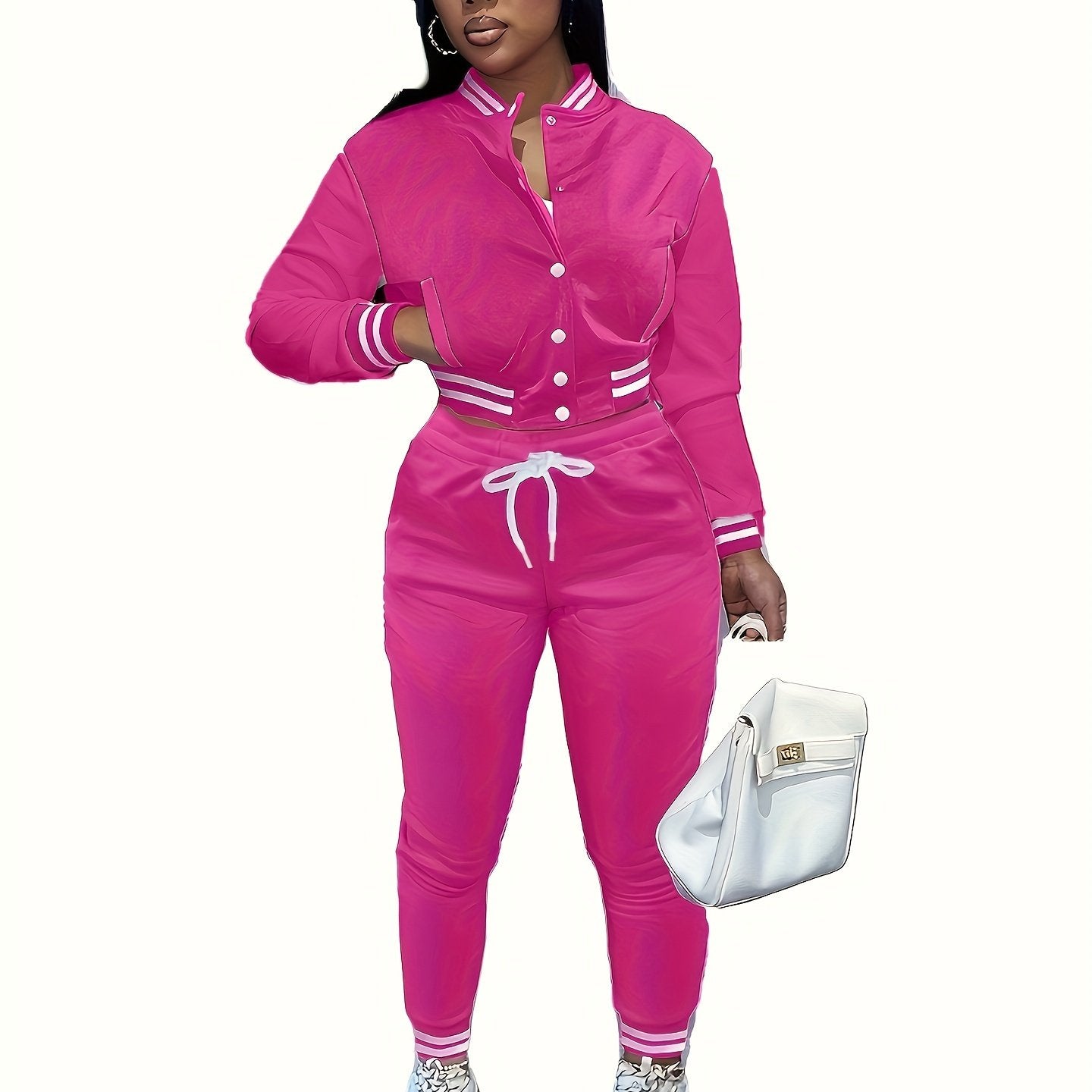 Casual Two-piece Set, Button Front Bomber Jacket & Drawstring Pants Outfits, Women's Clothing