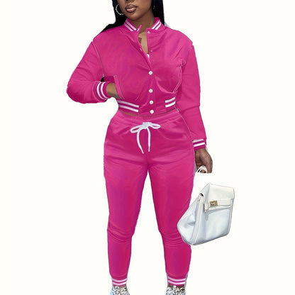 Casual Two-piece Set, Button Front Bomber Jacket & Drawstring Pants Outfits, Women's Clothing