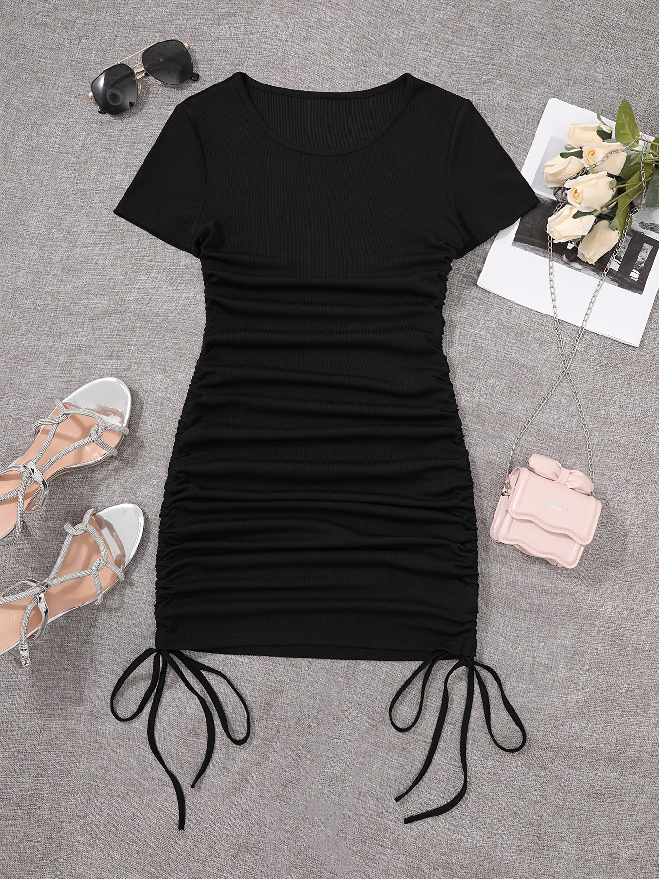 Womens Ruched Skinny Dress - Adjustable Drawstring Waist, Solid Color, Short Sleeve, Crew Neck, Chic and Versatile Casual Wear for Women