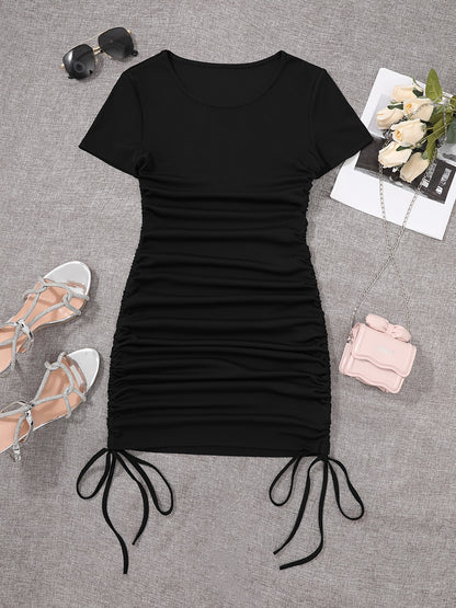 Womens Ruched Skinny Dress - Adjustable Drawstring Waist, Solid Color, Short Sleeve, Crew Neck, Chic and Versatile Casual Wear for Women