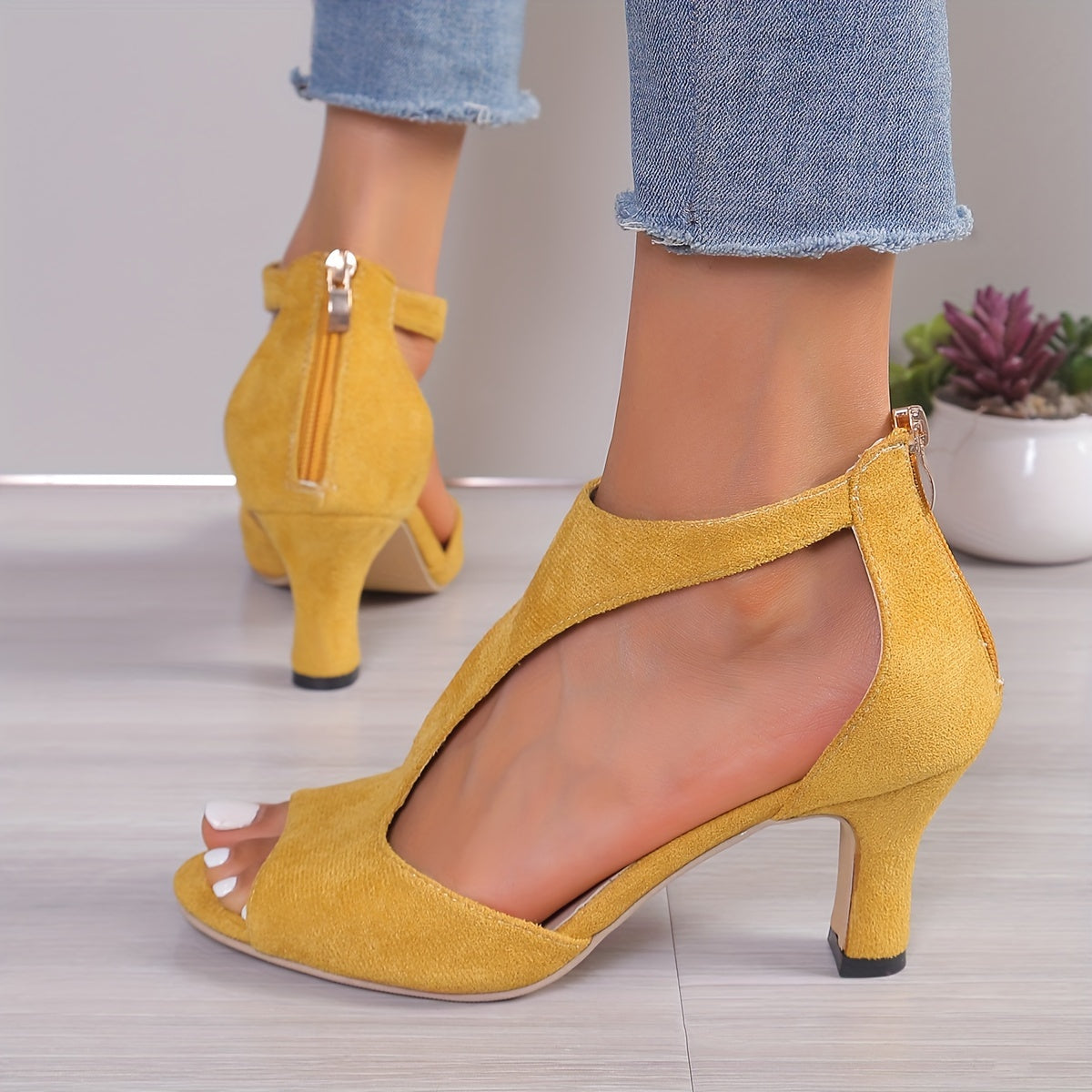 Chunky Heel Women's High Heels, Peep Toe T-strap Back Zipper Sandals, Fashion Black Shoes